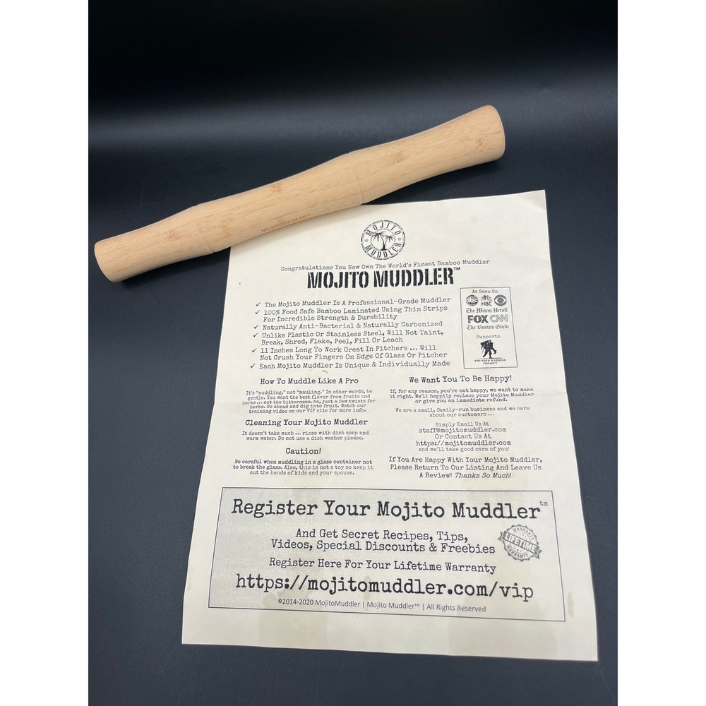 Mojito Muddler Professional 11" Laminated Bamboo Cocktail‎ Bar Wood Food Safe